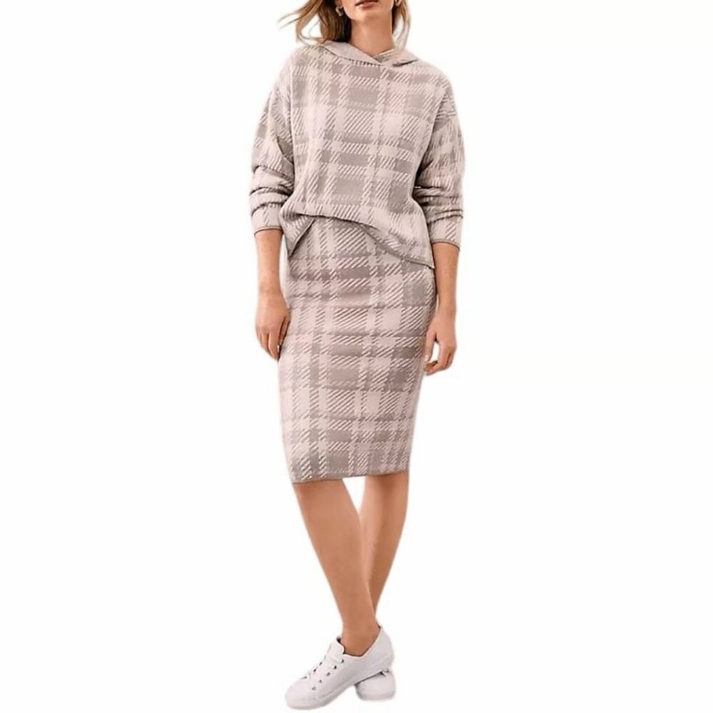 ANN TAYLOR Plaid Hoodie Sweater S Pencil Skirt Set Gray Lilac Petite SP S P